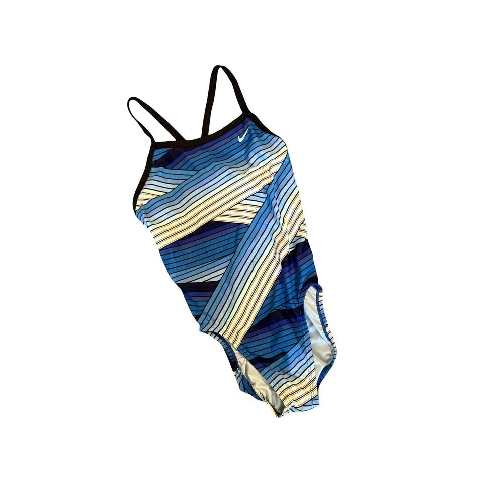 Nike Swimsuit Womens Size S Blue Striped Athletic Racerback Training One Piece